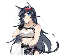 Rule 34 | 1girl, :3, animal ears, arknights, black bracelet, black gloves, black hair, black shorts, blaze (arknights), blue eyes, blush, breasts, cat ears, cat girl, cat tail, collarbone, fingerless gloves, gloves, hairband, hand on own chin, holding, holding towel, infection monitor (arknights), long hair, looking at viewer, medium breasts, midriff, navel, nejikyuu, red hairband, shorts, simple background, solo, sweat, tail, towel, very long hair, white background