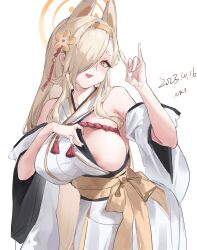 Rule 34 | 1girl, absurdres, animal ears, areola slip, blonde hair, blue archive, breasts, dated, detached sleeves, fox ears, fox shadow puppet, hair over one eye, hairband, halo, highres, japanese clothes, kaho (blue archive), kimono, large breasts, long hair, looking at viewer, nariku, open mouth, orange hairband, simple background, solo, white background, white kimono, white sleeves, wide sleeves, yellow eyes