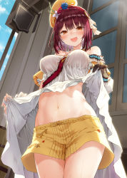 Rule 34 | 1girl, :d, alt (ctrldel), atelier (series), atelier sophie, beret, blue sky, blunt bangs, blush, breasts, brown eyes, brown gloves, cloud, commentary request, gloves, hat, highres, lifted by self, looking at viewer, medium breasts, midriff, navel, open mouth, outdoors, red hair, short hair, shorts, single glove, sky, smile, solo, sophie neuenmuller, yellow hat, yellow shorts