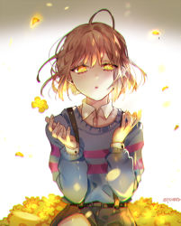 Rule 34 | 1other, androgynous, blue sweater, brown hair, cowboy shot, flower, frisk (undertale), grey shorts, looking at viewer, other focus, parted lips, piyo (ppotatto), shirt, short hair, shorts, sitting, solo, striped clothes, striped sweater, sweater, undertale, white shirt, yellow eyes, yellow flower