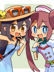 Rule 34 | 2girls, :d, bag, between breasts, blue dress, blue eyes, blush, breasts, bright pupils, brown hair, buttons, commentary request, creatures (company), dress, eyewear on headwear, flower, game freak, hand up, happy, hat, hat flower, kuwagata zaurus, long hair, medium breasts, multiple girls, nintendo, npc trainer, official alternate costume, open mouth, poke ball print, pokemon, pokemon masters ex, pokemon sm, rosa (pokemon), rosa (special costume) (pokemon), shoulder bag, sightseer (pokemon), small breasts, smile, strap between breasts, sunglasses, twintails, v, white pupils, wrist cuffs, yellow flower