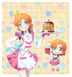 Rule 34 | 1girl, apron, blueberry, cherry, chibi, chibi inset, cleavage cutout, clothing cutout, crown, fingerless gloves, food, fruit, gloves, green eyes, highres, iesupa, jar, multiple views, nora valkyrie, orange hair, pancake, rwby, rwby chibi, skirt, smile, strawberry, syrup, tongue, tongue out, whipped cream