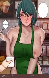 Rule 34 | 1girl, absurdres, breasts, dead or alive, edmun6969, green hair, highres, iced latte with breast milk (meme), lactation, large breasts, meme, pov, tamaki (doa)