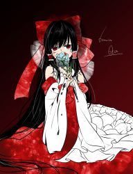Rule 34 | 1girl, absurdly long hair, bad id, bad pixiv id, black hair, blood, blood on face, bow, bridal gauntlets, cuts, detached sleeves, dress, embellished costume, empty eyes, flower, hair bow, hair ribbon, hair tubes, hakurei reimu, highres, injury, large bow, long hair, looking at viewer, red eyes, ribbon, solo, souta (karasu no ouchi), steepled fingers, touhou, very long hair