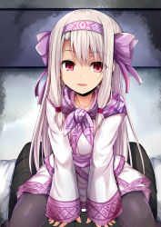 Rule 34 | 1girl, ainu clothes, blush, bow, brown pantyhose, collarbone, commentary request, eyelashes, fate/grand order, fate (series), fingernails, grey hair, hair between eyes, hair bow, hair tubes, hairband, highres, illyasviel von einzbern, long hair, long sleeves, looking at viewer, open mouth, pantyhose, parted lips, pov, purple bow, purple hairband, purple scarf, red eyes, revision, ribbon, sash, scarf, sen (astronomy), sidelocks, sitonai (fate), sitonai (fate/grand order), sitting, sitting on person, sleeves past wrists, smile, solo focus, sweater, thighs, very long hair, white sweater, wide sleeves