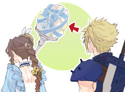 Rule 34 | 1boy, 1girl, aerith gainsborough, aerith gainsborough (classic coney), animal ears, armor, arrow (symbol), blonde hair, blue choker, blue dress, blue shirt, braid, braided ponytail, brown hair, buster sword, choker, cloud strife, demi co, dress, easter, easter egg, egg, facing another, facing away, final fantasy, final fantasy vii, final fantasy vii ever crisis, flower, frilled dress, frills, hair flower, hair ornament, hat, highres, holding, holding staff, lily (flower), long hair, looking at object, mini hat, official alternate costume, pink flower, rabbit ears, ribbon choker, shirt, short hair, shoulder armor, sidelocks, single braid, sleeveless, sleeveless turtleneck, spiked hair, staff, suspenders, turtleneck, upper body, wavy hair, weapon, weapon on back, white background, yellow flower