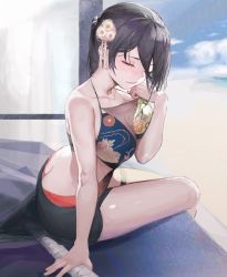 Rule 34 | 1girl, alternate costume, anthsnuko, anthsnuko, ass, beach, bikini, black hair, black sarong, blue sky, blush, breasts, butt crack, cleavage, closed mouth, cloud, cloudy sky, commentary, day, feet out of frame, floral print, flower, hair between eyes, hair flower, hair ornament, half-closed eye, hand on own chin, head rest, iron saga, large breasts, long hair, looking at viewer, mismatched bikini, mole, mole on breast, oboro (iron saga), one eye closed, outdoors, sarong, sitting, sky, solo, string bikini, swimsuit, thigh strap, thighs