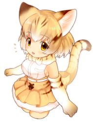 Rule 34 | 1girl, :d, ^^^, animal ears, arms at sides, blonde hair, blush, breasts, brown hair, cat ears, cat girl, cat tail, commentary, cropped legs, elbow gloves, fang, from side, gloves, high-waist skirt, highres, kemono friends, looking at viewer, medium breasts, miniskirt, mofuaki, multicolored hair, open mouth, ribbon trim, sand cat (kemono friends), scarf, sideboob, simple background, skirt, sleeveless, smile, solo, streaked hair, tail, white background, yellow eyes, yellow skirt