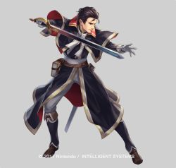 Rule 34 | 1boy, black hair, book, boots, brown eyes, capelet, company name, cuboon, fire emblem, fire emblem: thracia 776, fire emblem heroes, full body, gloves, grey background, male focus, official art, reinhardt (fire emblem), simple background, solo, sword, weapon