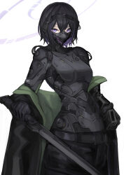 Rule 34 | 1girl, absurdres, aokuma (yuuran create), armored bodysuit, black hair, bodysuit, bodysuit under clothes, cable, highres, holding, holding sword, holding weapon, looking at viewer, mask, mouth mask, off shoulder, original, pants, purple eyes, sheath, short hair, solo, sword, unsheathed, weapon, white background