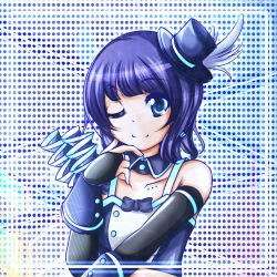 Rule 34 | 1girl, ;), absurdres, artist name, artist request, asaka karin, bare shoulders, black gloves, black sleeves, blue bow, blue camisole, blue detached collar, blue eyes, blue hair, blue hat, blue shirt, blue tank top, blue wrist cuffs, blush, bow, bowtie, breasts, bridal gauntlets, buttons, camisole, cleavage, collarbone, crop top, dark blue hair, detached collar, detached sleeves, earrings, elbow sleeve, feathers, female focus, fingerless gloves, gloves, hand on chin, hand on own chin, hat, hat feather, highres, jewelry, looking at viewer, love live!, love live! nijigasaki high school idol club, love live! school idol festival, medium hair, midriff, mini hat, mini top hat, mole, mole on body, mole on breast, one eye closed, parted lips, polka dot, polka dot background, shirt, short hair, single bare shoulder, single sleeve, sleeveless, small breasts, smile, solo, star (symbol), star earrings, tank top, top hat, upper body, vivid world (love live!), white feathers, wing collar, wrist cuffs