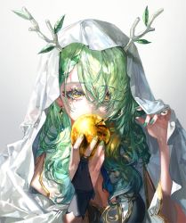 Rule 34 | 1girl, antlers, apple, braid, branch, breasts, bridal gauntlets, ceres fauna, ceres fauna (1st costume), earrings, food, fruit, green hair, green nails, hair between eyes, hair over one eye, hands up, highres, holding, holding food, holding fruit, hololive, hololive english, horns, jewelry, long hair, looking at viewer, mole, mole under eye, multicolored hair, nail polish, quasarcake, simple background, single bridal gauntlet, solo, streaked hair, upper body, veil, virtual youtuber, yellow eyes
