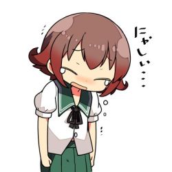 Rule 34 | 10s, 1girl, ascot, brown hair, commentary request, crying, gradient hair, green skirt, kanikama, kantai collection, lowres, multicolored hair, mutsuki (kancolle), open mouth, pleated skirt, puffy short sleeves, puffy sleeves, red hair, school uniform, serafuku, short hair, short sleeves, simple background, skirt, solo, tears, translation request, white background