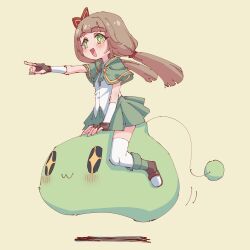 Rule 34 | 1girl, :3, absurdres, blush, bow, brown hair, capelet, fingerless gloves, gloves, green capelet, green eyes, green footwear, green skirt, green slime, hair bow, hair ornament, highres, jumping, leaf, leaf hair ornament, low twintails, maple leaf, maplestory, medium hair, monster, open mouth, pleated skirt, pointing, pointing forward, red bow, riding, rune (dualhart), shirt, simple background, skirt, sleeveless, sleeveless shirt, slime (creature), solo, star-shaped pupils, star (symbol), sugar (maplestory), symbol-shaped pupils, thighhighs, twintails, white shirt, white thighhighs