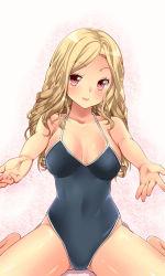 Rule 34 | 1girl, amasora taichi, bad id, bad tinami id, bare legs, bare shoulders, blonde hair, breasts, cleavage, collarbone, large breasts, looking at viewer, one-piece swimsuit, original, outstretched arms, pink eyes, shiny skin, sitting, smile, solo, swimsuit, wariza