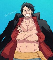 Rule 34 | 1boy, abs, aged up, bara, bare pectorals, beard stubble, black coat, black eyes, black hair, blue background, coat, coat on shoulders, collared shirt, cowboy shot, crossed arms, facial hair, facial scar, long sleeves, looking at viewer, male focus, mature male, monkey d. luffy, muscular, muscular male, mustache stubble, navel, one piece, open clothes, open coat, open shirt, pectorals, red shirt, rrrhigemegane, sash, scar, scar on cheek, scar on chest, scar on face, shirt, short hair, simple background, sleeves rolled up, smile, solo, straight-on, stubble, teeth, toned, toned male, v-shaped eyebrows, wavy hair, yellow sash