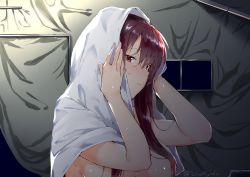 Rule 34 | 1girl, after bathing, blush, breasts, from side, girls&#039; frontline, hair between eyes, highres, holding, holding towel, large breasts, light, light particles, long hair, looking at viewer, night, nude, parted lips, purple hair, red eyes, sidelocks, solo, tent, towel, tsurime, twitter username, uno ryoku, upper body, very long hair, wa2000 (girls&#039; frontline), wet, window, wiping