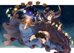 Rule 34 | 10s, 1girl, arulumaya, bad id, bad pixiv id, blush, boots, brown eyes, brown hair, crescent, detached sleeves, dress, granblue fantasy, harvin, harvin, hat, highres, long hair, mole, mole under eye, pointy ears, sky, solo, star (sky), star (symbol), starry sky, thigh boots, thighhighs, touzai (poppin phl95)