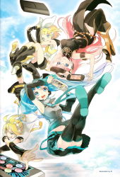 Rule 34 | 1boy, 3girls, aqua eyes, aqua hair, arm warmers, artist request, black legwear, blonde hair, blue eyes, blush, boots, brother and sister, controller, detached sleeves, falling, game console, game controller, green eyes, hair ornament, hair ribbon, hairclip, handheld game console, hatsune miku, headphones, headset, highres, kagamine len, kagamine rin, leg warmers, long hair, long skirt, megurine luka, multiple girls, navel, necktie, open mouth, pink hair, playing games, playstation 3, playstation portable, ribbon, sailor collar, scan, short hair, shorts, siblings, side slit, skirt, sleeveless, smile, sony, thigh boots, thighhighs, twins, twintails, very long hair, vocaloid, zettai ryouiki