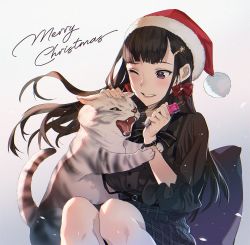Rule 34 | 1girl, animal hands, black hair, black shirt, bow, brown eyes, cat, cushion, earrings, fang, grin, hair ornament, hairclip, hat, highres, jewelry, long hair, merry christmas, mhk (mechamania), one eye closed, open mouth, original, plaid, plaid skirt, red bow, santa hat, shirt, sitting, skirt, smile, watch, white background