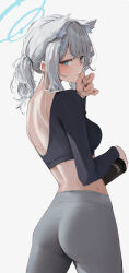 Rule 34 | 1girl, absurdres, alternate costume, animal ears, ass, black shirt, blue archive, blue eyes, blue halo, blush, breasts, cat ears, commentary, cross hair ornament, from behind, grey hair, grey pants, hair ornament, halo, highres, holding, large breasts, leviathan (hikinito0902), long sleeves, medium hair, pants, parted lips, shiroko (blue archive), shirt, simple background, solo, symbol-only commentary, yoga pants