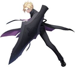 Rule 34 | 1boy, black pants, black suit, blonde hair, blue eyes, coat, counter:side, fighting stance, formal, full body, highres, holding, holding shield, looking at viewer, male focus, official alternate costume, official alternate hairstyle, official art, pants, roy burnett, shield, short hair, simple background, suit, tachi-e, transparent background, trench coat