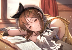 Rule 34 | 1girl, atelier (series), atelier ryza, atelier ryza 1, backlighting, beret, black hairband, blurry, blurry background, book, bow hairband, brown eyes, brown hair, closed mouth, commentary request, curtains, detached sleeves, elbows on table, hair ornament, hairband, hairclip, hat, head rest, hood, hood down, hooded jacket, indoors, ink bottle, jacket, open book, quill, reisalin stout, shirt, short hair, sleeveless, sleeveless jacket, sleeveless shirt, smile, sunlight, table, white headwear, white shirt, white sleeves, window, yanu, yellow jacket