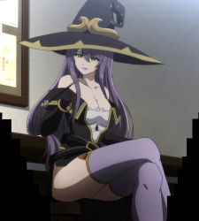Rule 34 | 10s, 1girl, bare shoulders, black gloves, bracelet, breasts, cleavage, crossed legs, elbow gloves, gloves, goblin slayer!, hat, highres, jewelry, large breasts, long hair, purple hair, purple thighhighs, sitting, smoking pipe, stitched, tagme, thighhighs, third-party edit, witch (goblin slayer!), witch hat, yellow eyes