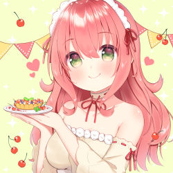Rule 34 | 1girl, aizawa85, bare shoulders, blush, cherry, collarbone, commentary request, dress, food, fruit, green eyes, heart, holding, holding plate, maid, maid headdress, original, pink hair, pink ribbon, plate, ribbon, smile, solo