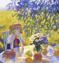 Rule 34 | 1girl, alice margatroid, apple, arm support, blonde hair, blue dress, book, capelet, chair, closed eyes, closed mouth, day, dress, field, fjsmu, flower, food, frilled hairband, frills, fruit, grimoire of alice, hairband, hands on own cheeks, hands on own face, highres, impressionism, outdoors, red hairband, short hair, sitting, smile, solo, sunlight, table, touhou, traditional media, tree, white capelet