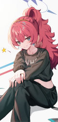 Rule 34 | 1girl, absurdres, black pants, black sweater, blue archive, blue eyes, blush, commentary request, crop top, crossed legs, earrings, feet out of frame, glowing, grey background, grin, hair between eyes, halo, hands on own knee, highres, iroha (blue archive), jewelry, long hair, long sleeves, looking at viewer, midriff, navel, own hands together, pants, ponytail, red hair, ring, smile, solo, star (symbol), sugar (dndi888), sweater, very long hair