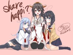 Rule 34 | 10s, 3girls, :d, absurdres, ahoge, alternate costume, bare shoulders, black hair, blue eyes, braid, brown hair, commentary, detached sleeves, english text, food, hair flaps, hair ornament, hair over shoulder, hair ribbon, haruna (kancolle), headgear, heart, heart ahoge, hibiki (kancolle), highres, japanese clothes, kantai collection, kneehighs, long hair, looking at viewer, multiple girls, namikawa kuroha, necktie, nontraditional miko, open mouth, orange eyes, pleated skirt, pocky, pocky day, remodel (kantai collection), ribbon, school uniform, seiza, serafuku, shigure (kancolle), silver hair, single braid, sitting, skirt, smile, socks, thighhighs, twitter username, typo, winter uniform