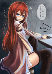 Rule 34 | 1girl, blue eyes, blush, caught, clothes pull, embarrassed, female masturbation, hand in panties, kurona, long hair, makise kurisu, masturbation, mouse (computer), open mouth, panties, pantyhose, pantyhose pull, red hair, revision, sitting, solo, steins;gate, sweat, translated, trembling, underwear