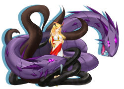 Rule 34 | 1girl, blonde hair, fangs, full body, graphite (medium), greek mythology, horns, long hair, looking at viewer, mechanical pencil, original, pencil, purple eyes, red eyes, scales, shawl, simple background, snake, standing, tachi-e, traditional media, white background, yustinos