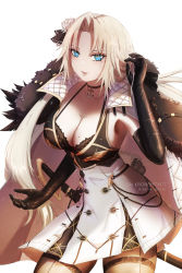 Rule 34 | 1girl, absurdres, arm up, azur lane, black bra, black choker, black gloves, black thighhighs, blonde hair, blue eyes, bra, bra strap, breasts, character name, choker, cleavage, coat, coat dress, collarbone, dress, elbow gloves, feet out of frame, flower, fur-trimmed coat, fur trim, gloves, hair flower, hair ornament, hair ribbon, highres, holstered, kronshtadt (azur lane), large breasts, long hair, looking at viewer, mole, mole on breast, open mouth, parted lips, ribbon, rideth mochi, solo, standing, sword, thighhighs, underwear, weapon, white background, white coat, white dress