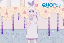 Rule 34 | 1girl, air bubble, blue eyes, blush, breast pocket, brown flower, bubble, commentary request, cup, disposable cup, dress, drink, drinking, drinking straw, hair ribbon, holding, holding cup, juu ame, looking at viewer, original, pocket, pot, purple ribbon, ribbon, short hair, short sleeves, silver hair, solo, standing, white dress