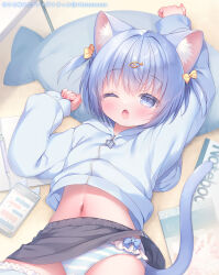 Rule 34 | 1girl, animal ear fluff, animal ears, arm up, black skirt, blue eyes, blue hair, blue jacket, blue thighhighs, bow, bow panties, cat ears, cat girl, cat tail, cellphone, clothes lift, commentary request, fang, fish-shaped pillow, hair bow, hand up, hood, hood down, hooded jacket, jacket, long sleeves, navel, one eye closed, onka, open mouth, original, panties, phone, phone with ears, puffy long sleeves, puffy sleeves, skirt, skirt lift, sleeves past wrists, solo, striped clothes, striped panties, tail, thighhighs, two side up, underwear, usashiro mani, yawning, yellow bow