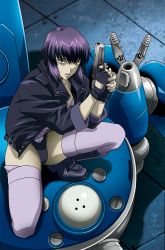 Rule 34 | 1girl, boots, brown eyes, cyborg, female focus, fingerless gloves, ghost in the shell, ghost in the shell stand alone complex, gloves, gun, highres, jacket, kusanagi motoko, leotard, platin (alios), purple hair, short hair, solo, tachikoma, thighhighs, weapon