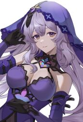 Rule 34 | 1girl, bare shoulders, black gloves, black swan (honkai: star rail), breasts, cleavage, commentary request, covered navel, dress, elbow gloves, gloves, grey eyes, grey hair, highres, honkai: star rail, honkai (series), large breasts, long hair, looking at viewer, parted lips, purple dress, simple background, sleeveless, sleeveless dress, smile, solo, upper body, usamochi., veil, very long hair, white background