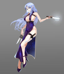 Rule 34 | 1girl, absurdres, alternate costume, blue eyes, blue hair, braid, breasts, china dress, chinese clothes, covered navel, dress, dual wielding, fate/grand order, fate (series), floral print dress, full body, grey background, high heels, highres, holding, holding knife, knife, large breasts, long hair, medea (fate), print dress, purple dress, purple footwear, shibao aoyama, side braid, side slit, sleeveless, sleeveless dress, solo, thigh strap, very long hair