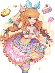 Rule 34 | 1girl, ;3, ;d, absurdres, bare shoulders, blue hairband, bow, braid, brown eyes, brown hair, cake, collarbone, colorful, cookie, corset, detached sleeves, doughnut, dress, food, frilled dress, frilled sleeves, frills, hair ribbon, hairband, heart, highres, idolmaster, idolmaster cinderella girls, idolmaster cinderella girls starlight stage, long hair, looking at viewer, m/, macaron, monini, moroboshi kirari, multicolored clothes, multicolored dress, multicolored legwear, one eye closed, open mouth, pantyhose, polka dot, polka dot bow, ribbon, short sleeves, smile, solo, spaghetti strap, sparkle, standing, standing on one leg, star-shaped pupils, star (symbol), striped clothes, striped legwear, striped pantyhose, symbol-shaped pupils, twin braids, very long hair