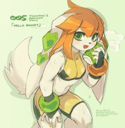 Rule 34 | 1girl, animal ears, blush, bracelet, breasts, can, crop top, dog ears, dog tail, eyebrows hidden by hair, freedom planet, furry, galaxytrail, green background, green eyes, heavy breathing, jewelry, long ears, looking at viewer, midriff, milla basset, nail polish, navel, official art, open mouth, orange hair, shorts, skin tight, smile, sweat, tail, thighs, toned, tyson tan