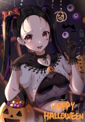 Rule 34 | 1g no izumi, 1girl, absurdres, bad id, bad twitter id, bat (animal), black choker, black gloves, blood, blood from mouth, bow, bra, candy, choker, crop top, dyen0610, facial mark, food, food-themed hair ornament, frilled skirt, frills, ghost, gloves, hair bow, hair ornament, halloween, happy halloween, highres, holding eye, jack-o&#039;-lantern, long hair, looking at viewer, navel, open mouth, original, parted bangs, patchwork skin, puffy short sleeves, puffy sleeves, pumpkin, pumpkin hair ornament, red eyes, short sleeves, silk, skirt, slit pupils, solo, sparkle, spider web, twintails, underwear