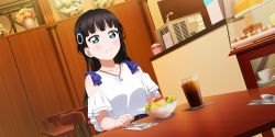 Rule 34 | 1girl, absurdres, artist name, artist request, belt, black belt, black hair, blue bow, bow, bowl, chair, clothing cutout, collarbone, cup, dress, dress shirt, drinking glass, female focus, food, fork, green eyes, hair ornament, highres, indoors, jewelry, kurosawa dia, long hair, looking at viewer, love live!, love live! school idol festival, love live! school idol festival all stars, love live! sunshine!!, mole, mole under mouth, napkin, necklace, on chair, pearl hair ornament, shirt, short sleeves, shoulder cutout, sitting, solo, spoon, table, teacup, upper body, white shirt