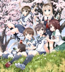 Rule 34 | 10s, 6+girls, :d, :o, aqua eyes, bag, black hair, blonde hair, blue legwear, blue sky, blush, bottle, brown eyes, brown hair, can, cherry blossoms, cloud, coca-cola, day, drink can, drinking, fubuki (kancolle), grass, grey eyes, hair ribbon, hanging from tree, hatsuyuki (kancolle), kantai collection, kneehighs, lap pillow, long hair, low twintails, manga (object), midriff, miyuki (kancolle), multiple girls, mutsuki (kancolle), navel, neckerchief, open mouth, petals, pink eyes, pleated skirt, puffy short sleeves, puffy sleeves, reading, ribbon, ruu (tksymkw), school uniform, serafuku, shirayuki (kancolle), shirt, shopping bag, short sleeves, sitting, skirt, sky, smile, socks, soda can, tree, twintails, yuudachi (kancolle)