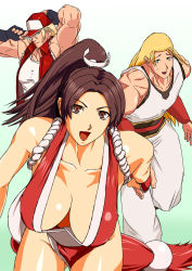 Rule 34 | 1girl, 2boys, andy bogard, breasts, brothers, fatal fury, highres, large breasts, multiple boys, ponytail, shiranui mai, siblings, snk, terry bogard, the king of fighters