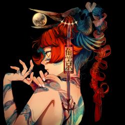 Rule 34 | 1girl, absurdres, animal skull, arm tattoo, back tattoo, blue hair, braid, drill hair, facial tattoo, fish tattoo, forced perspective, full moon, hair ornament, hair ribbon, hand on own shoulder, hand tattoo, hands up, head wings, highres, long hair, looking away, moon, multi-tied hair, multicolored hair, nail polish, neck tattoo, night, night sky, nilililn25, nude, original, own hands together, ponytail, profile, red cat, red eyes, red hair, red ribbon, ribbon, shoulder tattoo, simple background, skull hair ornament, sky, solo, tattoo, transparent, tress ribbon, two-tone hair, upper body, white nails, wings