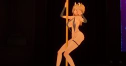 Rule 34 | 1girl, 3d, arm support, artist request, bare legs, bare shoulders, black one-piece swimsuit, blonde hair, blue eyes, breasts, curvy, earrings, flexible, hair between eyes, highres, huge breasts, jewelry, navel, one-piece swimsuit, onizaki kirara, pole, pole dancing, shiny skin, simple background, slingshot swimsuit, smile, solo, swimsuit, taimanin (series), taimanin rpgx, twintails, wide hips