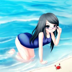 Rule 34 | 1girl, acage, bad id, bad pixiv id, barefoot, beach, black hair, crab, glasses, highres, one-piece swimsuit, original, school swimsuit, solo, swimsuit