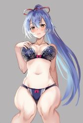 Rule 34 | arm behind back, blue hair, blush, bra, fate/grand order, fate (series), hair between eyes, hair ribbon, harimoji, invisible chair, lace, lace-trimmed bra, lace-trimmed panties, lace trim, lingerie, looking at viewer, open mouth, panties, ponytail, ribbon, sitting, thighhighs, tomoe gozen (fate), underwear, underwear only, yellow eyes